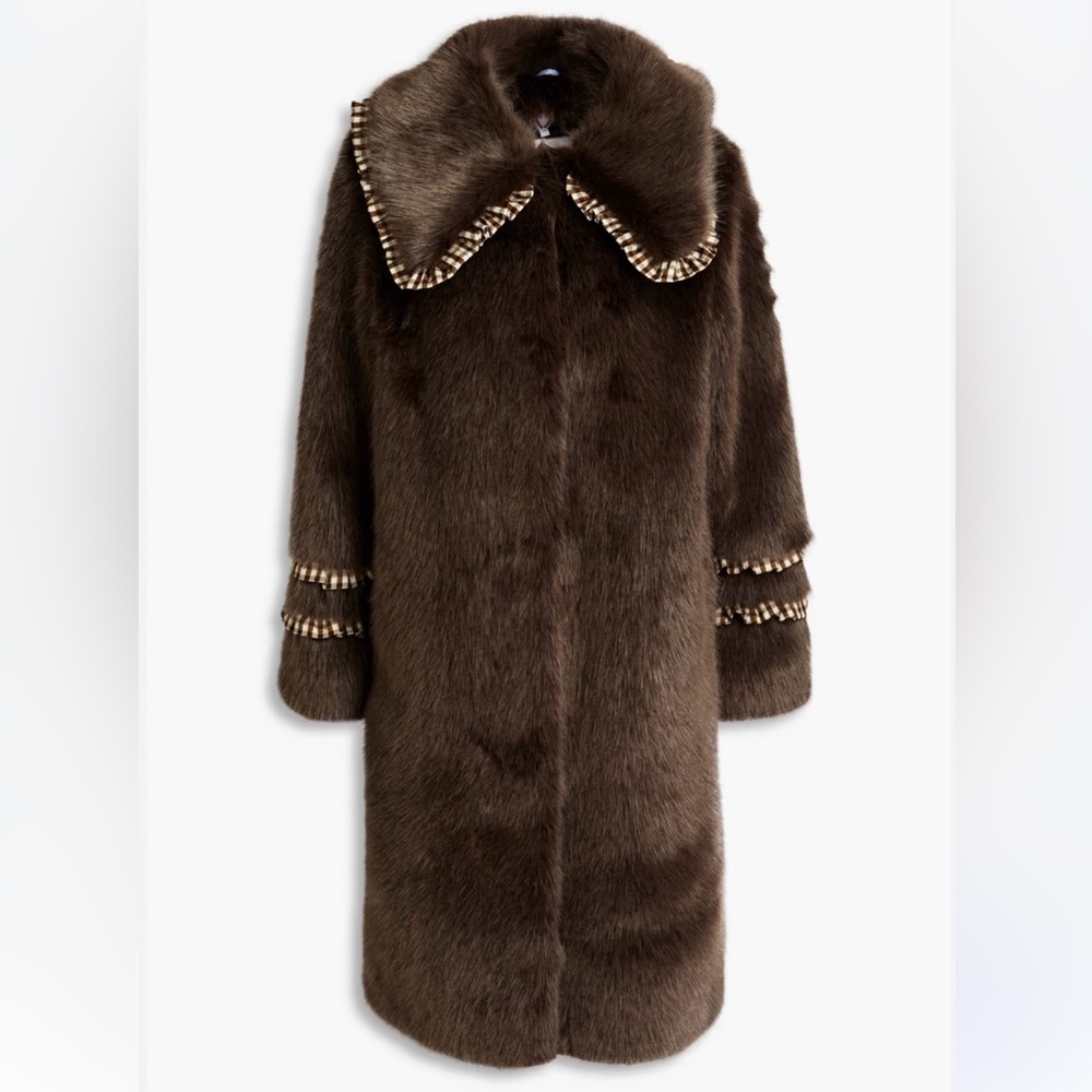 **SOLD** Shrimps Dark Brown Faux Fur Ruffle Trim Brandy Coat Jacket UK 12 US 8